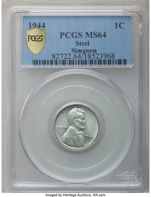 image for: 1944 1C Struck on a Zinc-Coated Steel Planchet MS64 PCGS....