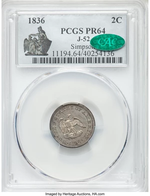 image for: 1836 P2C Two Cents, Judd-52, Pollock-55, Low R.6, PR64 PCGS. CAC....