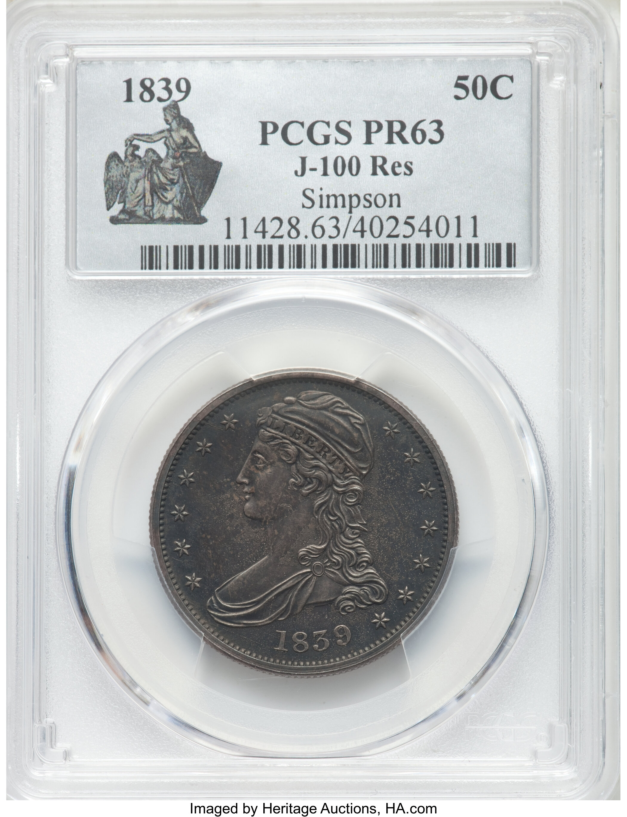 image for: 1839 P50C Capped Bust Half Dollar, Judd-100 Restrike, Pollock-110, R.8 PR63 PCGS....