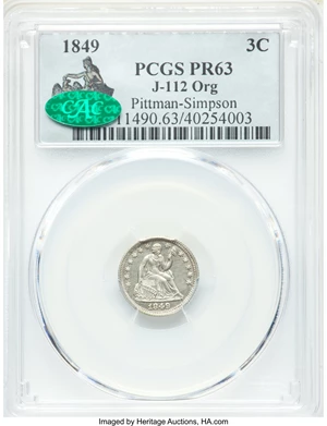 image for: 1849 P3CS Three Cent Silver, Judd-112 Original, Pollock-126, Low R.7, PR63 PCGS. CAC....