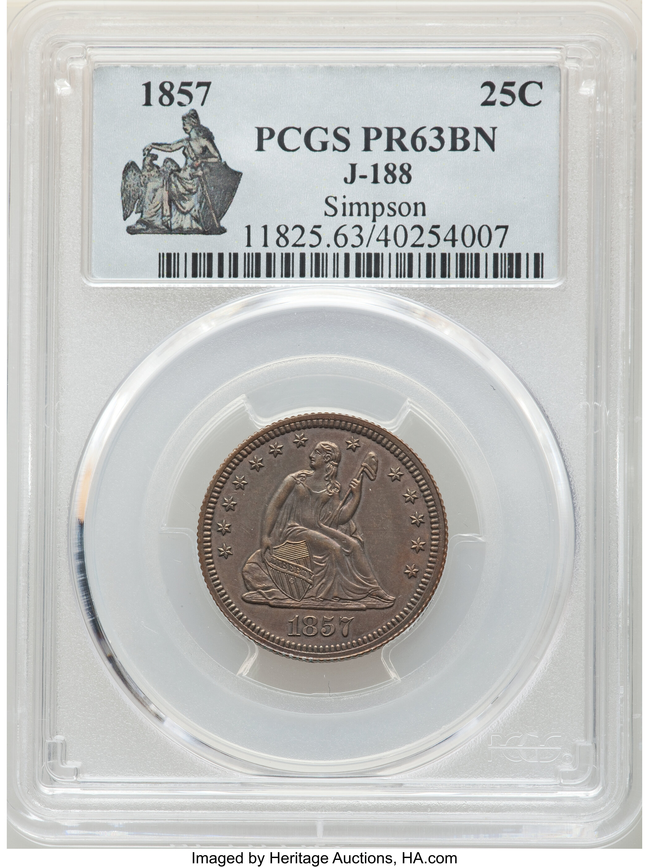 image for: 1857 P25C Quarter Dollar, Judd-188, Pollock-225, Low R.7, PR63 Brown PCGS....