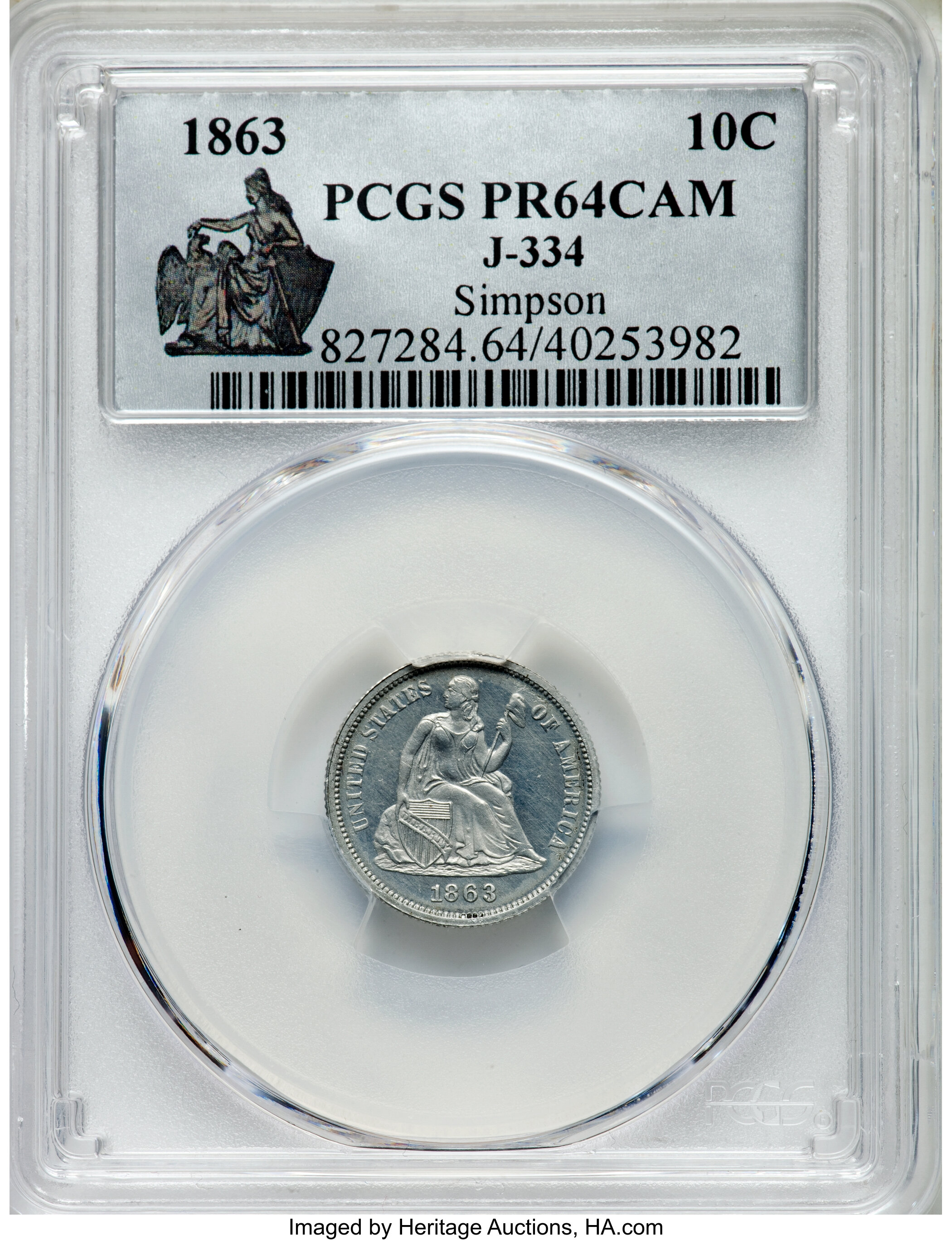 image for: 1863 10C Ten Cents, Judd-334, Pollock-406, High R.7, PR64 Cameo PCGS....
