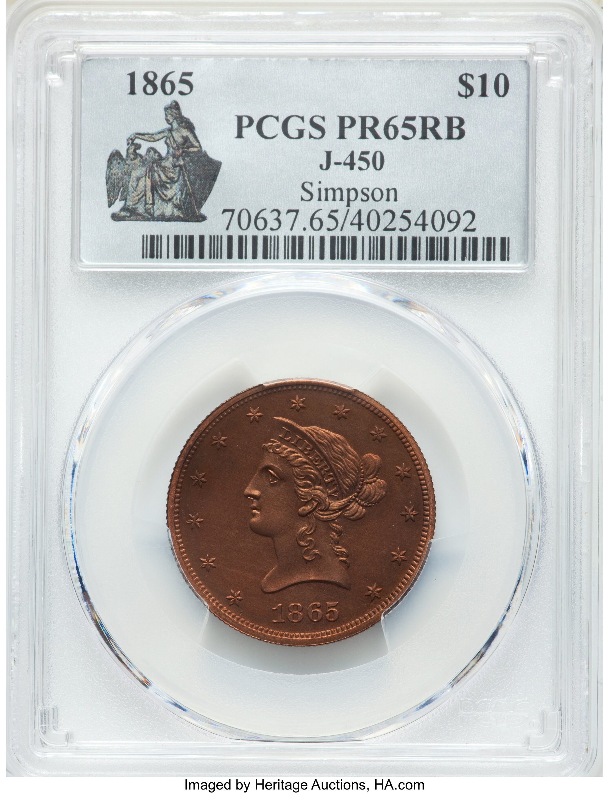 image for: 1865 $10 Ten Dollar, Judd-450, Pollock-522, High R.6, PR65 Red and Brown PCGS....