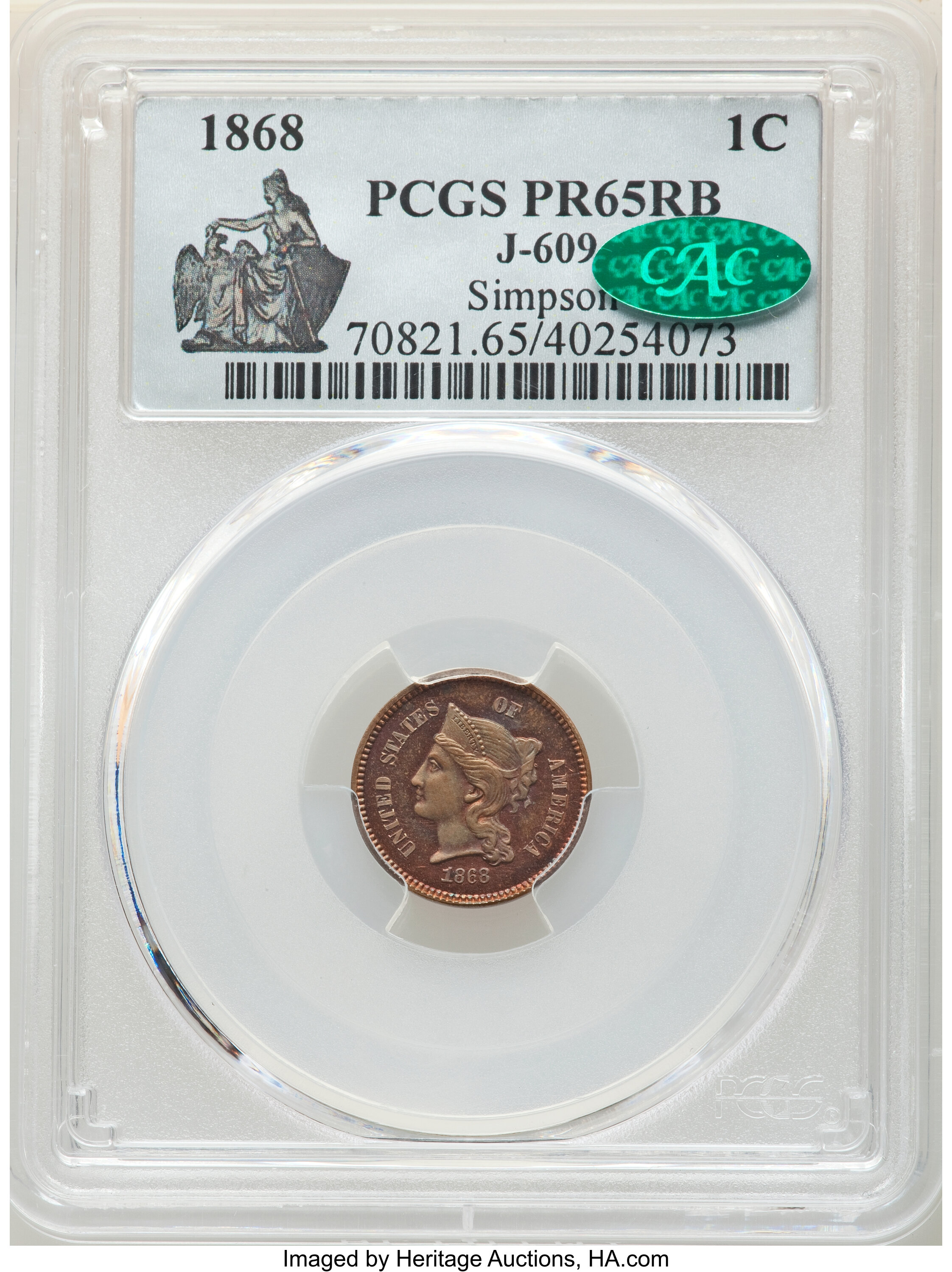 image for: 1868 1C One Cent, Judd-609, Pollock-674, High R.7, PR65 Red and Brown PCGS. CAC....