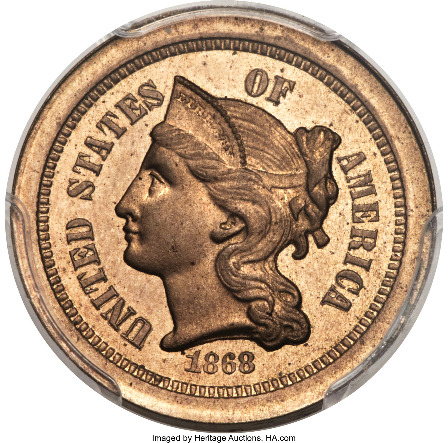 image for: 1868 3C Three Cent Nickel, Judd-615A, Pollock-681, High R.7, PR65 PCGS....