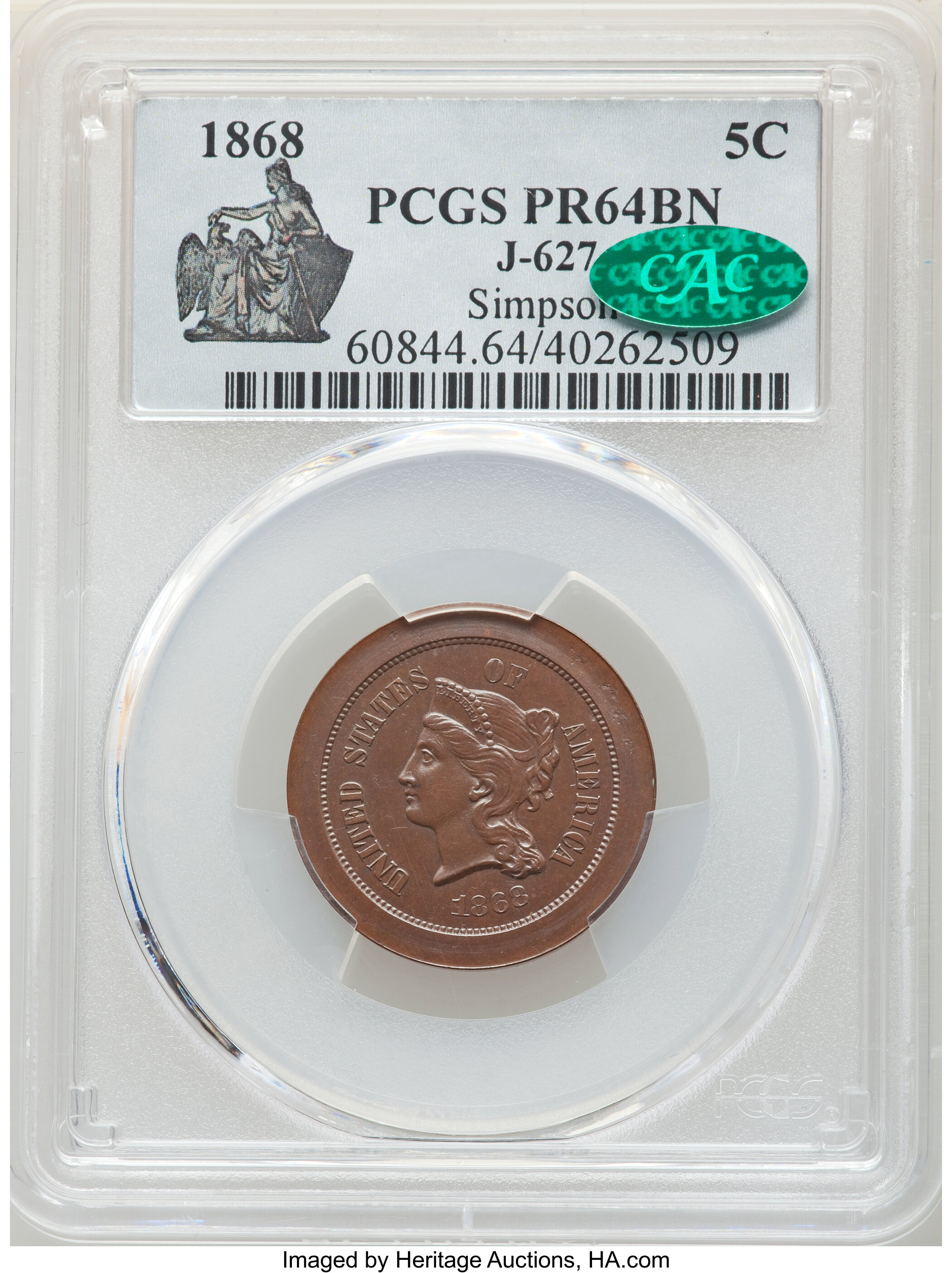 image for: 1868 5C Five Cents, Judd-627, Pollock-696, Low R.7, PR64 Brown PCGS. CAC....