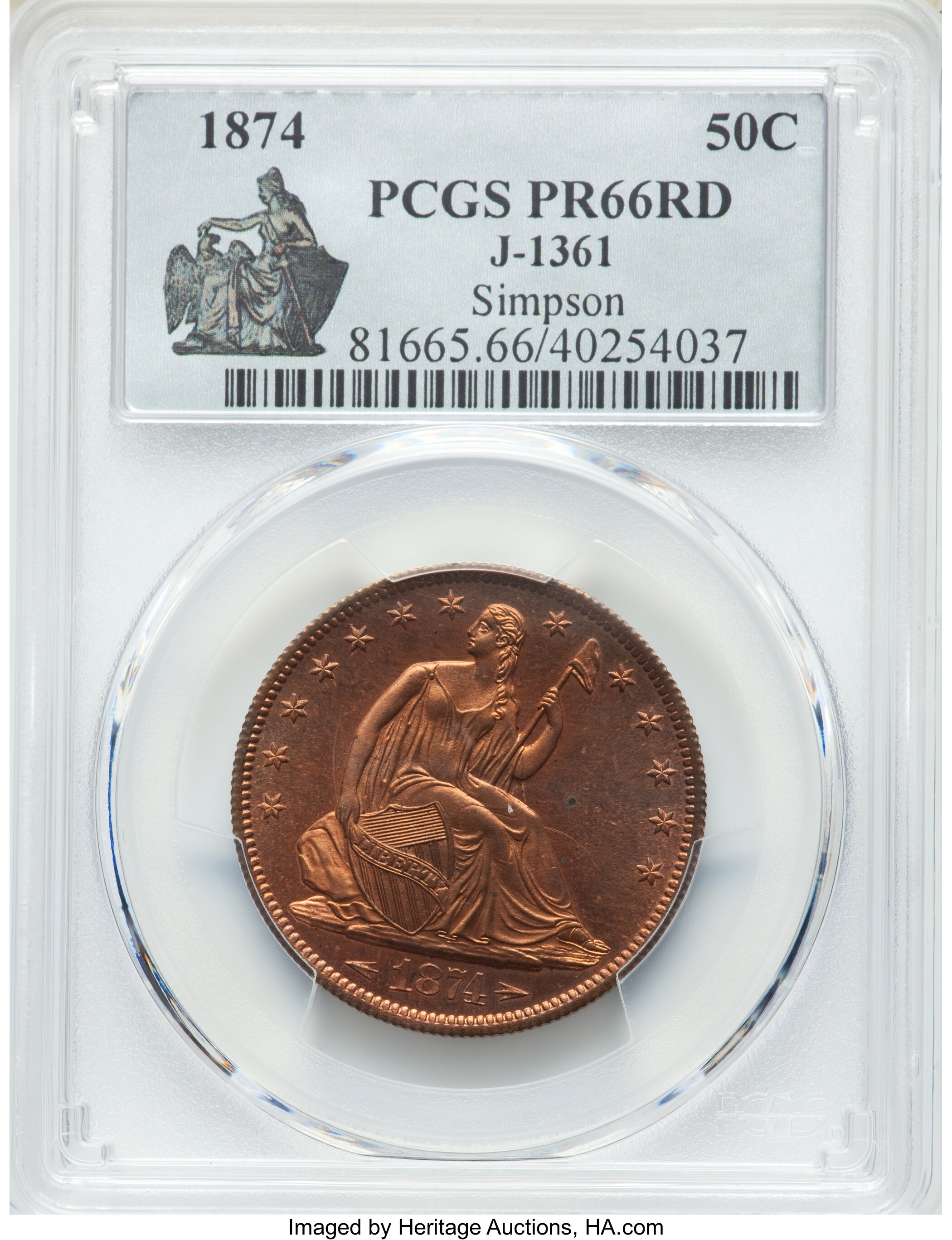 image for: 1874 50C Half Dollar, Judd-1361, Pollock-1506, R.8, PR66 Red PCGS....