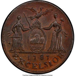 image for: 1787 New York Excelsior Copper, Indian and New York Arms, AU53 PCGS. W-5795, High R.6....