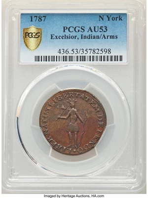image for: 1787 New York Excelsior Copper, Indian and New York Arms, AU53 PCGS. W-5795, High R.6....