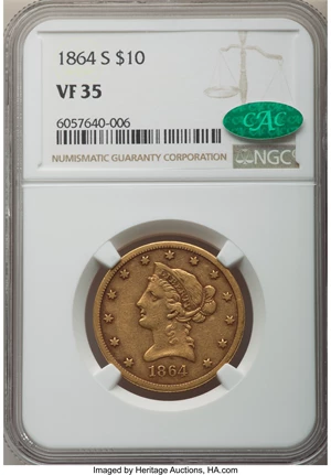 image for: 1864-S $10 VF35 NGC. CAC....