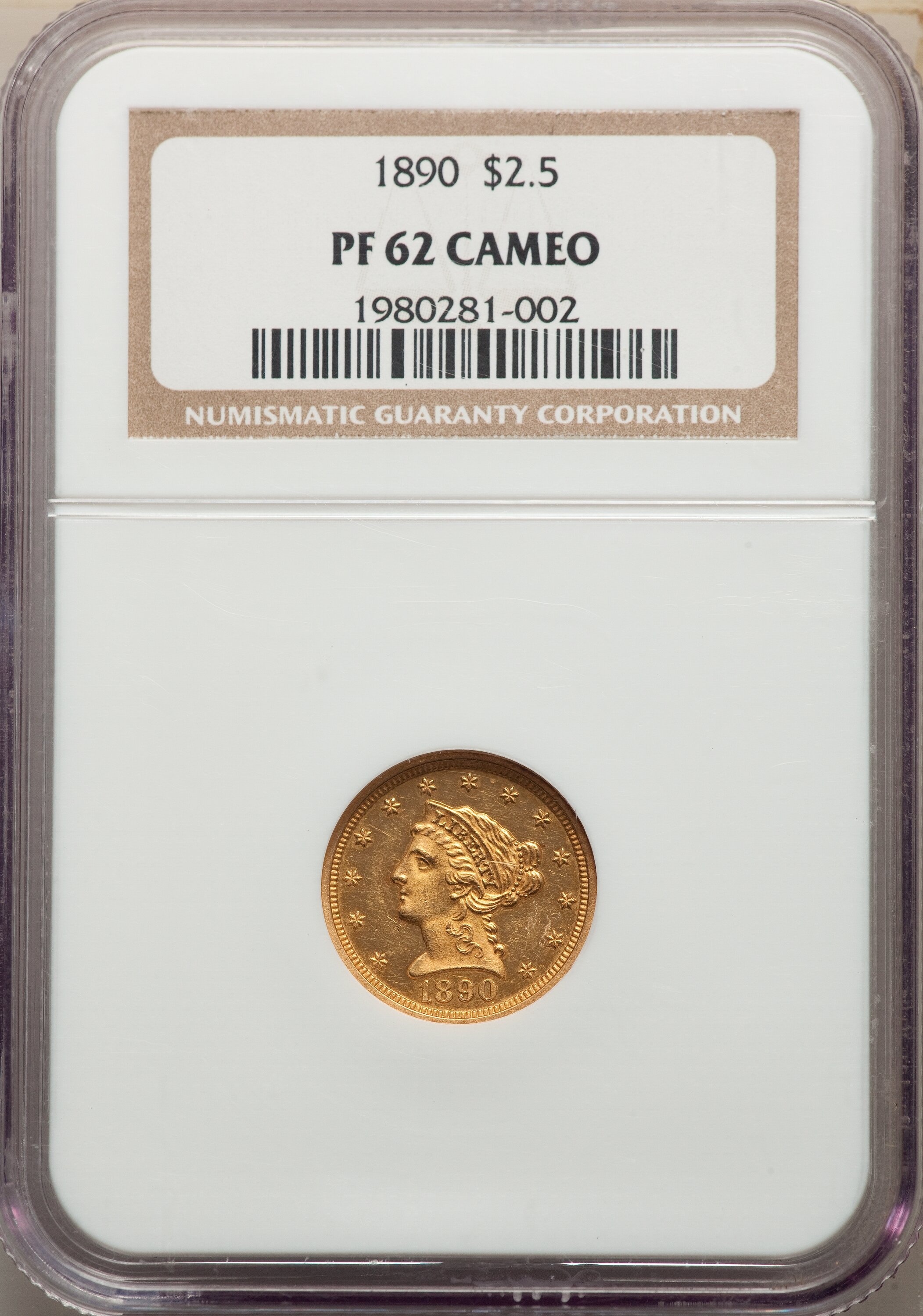 image for: 1890 $2 1/2 PR62 Cameo NGC. JD-1, R.5....