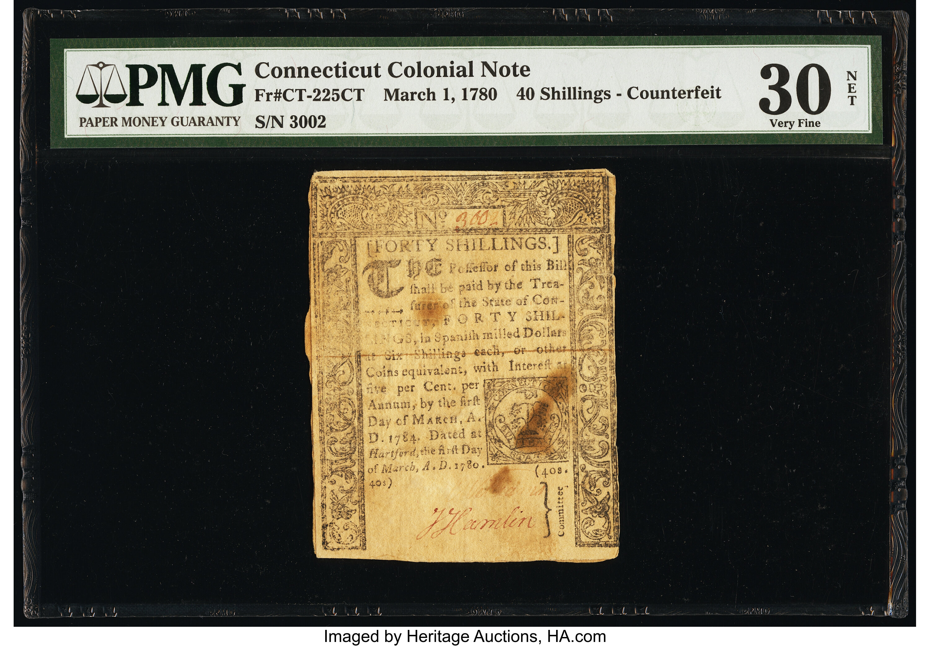 image for: Uncancelled Connecticut March 1, 1780 40s Contemporary Counterfeit PMG Very Fine 30 Net....