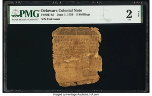 image for: Delaware June 1, 1759 5s PMG Fair 2 Net....