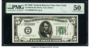 image for: Fr. 1950-B $5 1928 Federal Reserve Note. PMG About Uncirculated 50....