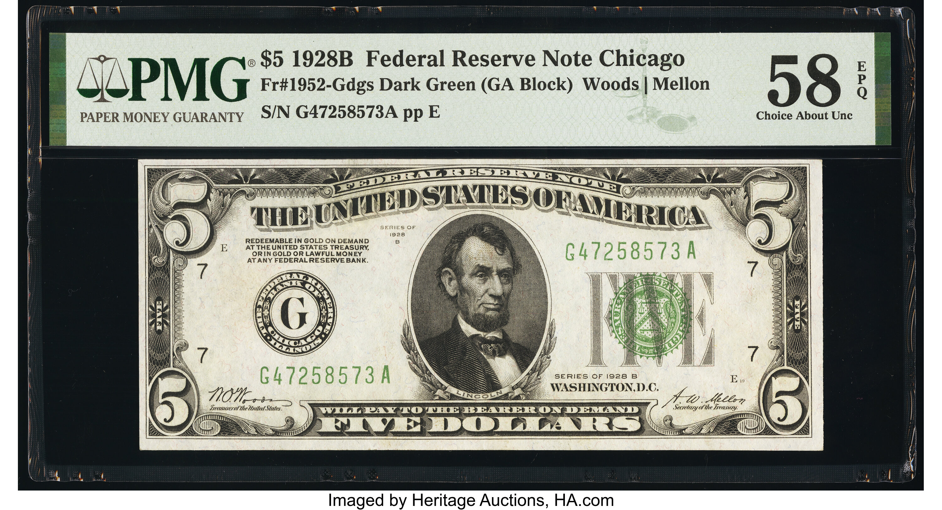 image for: Fr. 1952-G $5 1928B Dark Green Seal Federal Reserve Note. PMG Choice About Unc 58 EPQ....