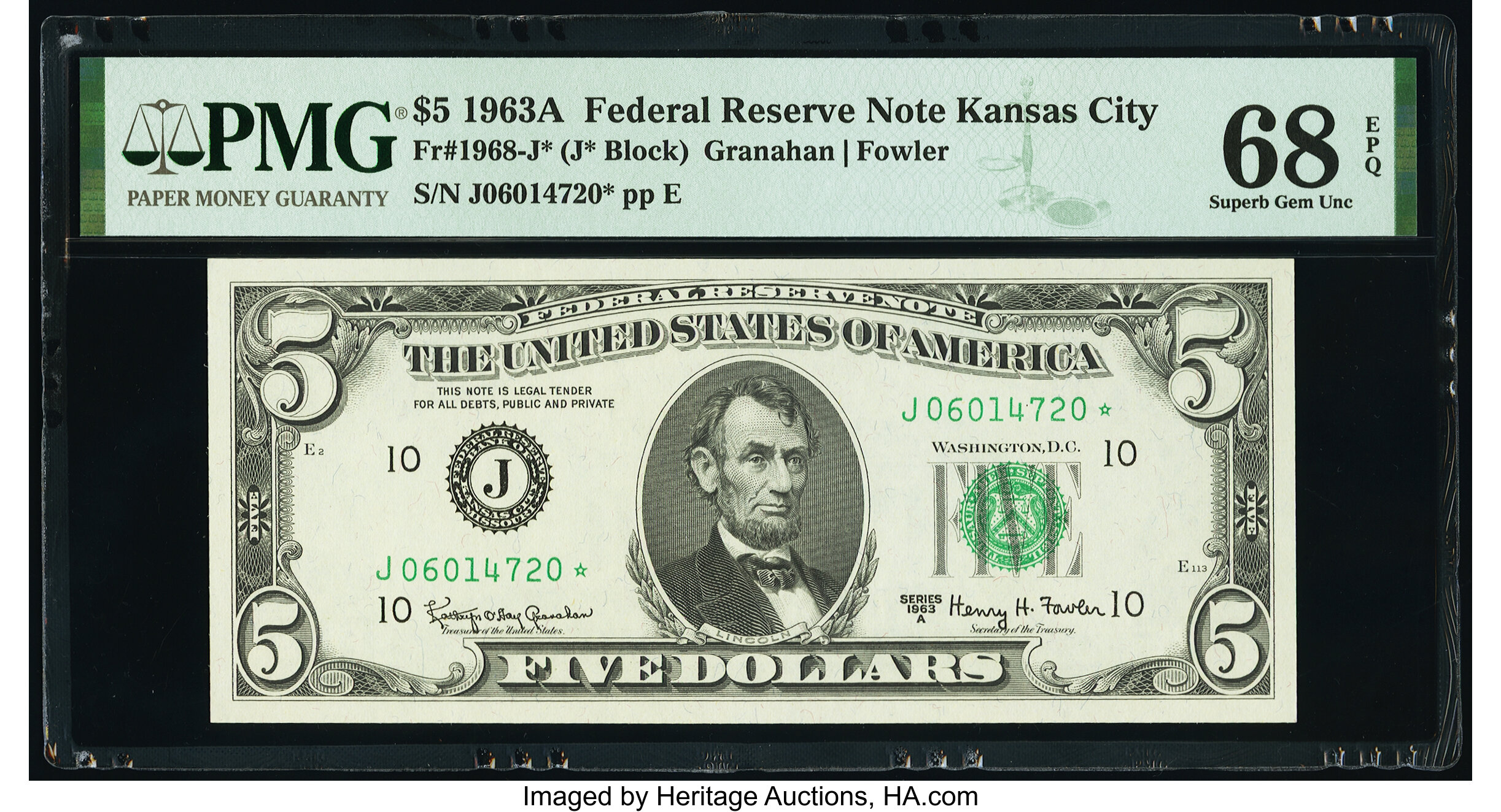 image for: Fr. 1968-J* $5 1963A Federal Reserve Star Note. PMG Superb Gem Unc 68 EPQ....