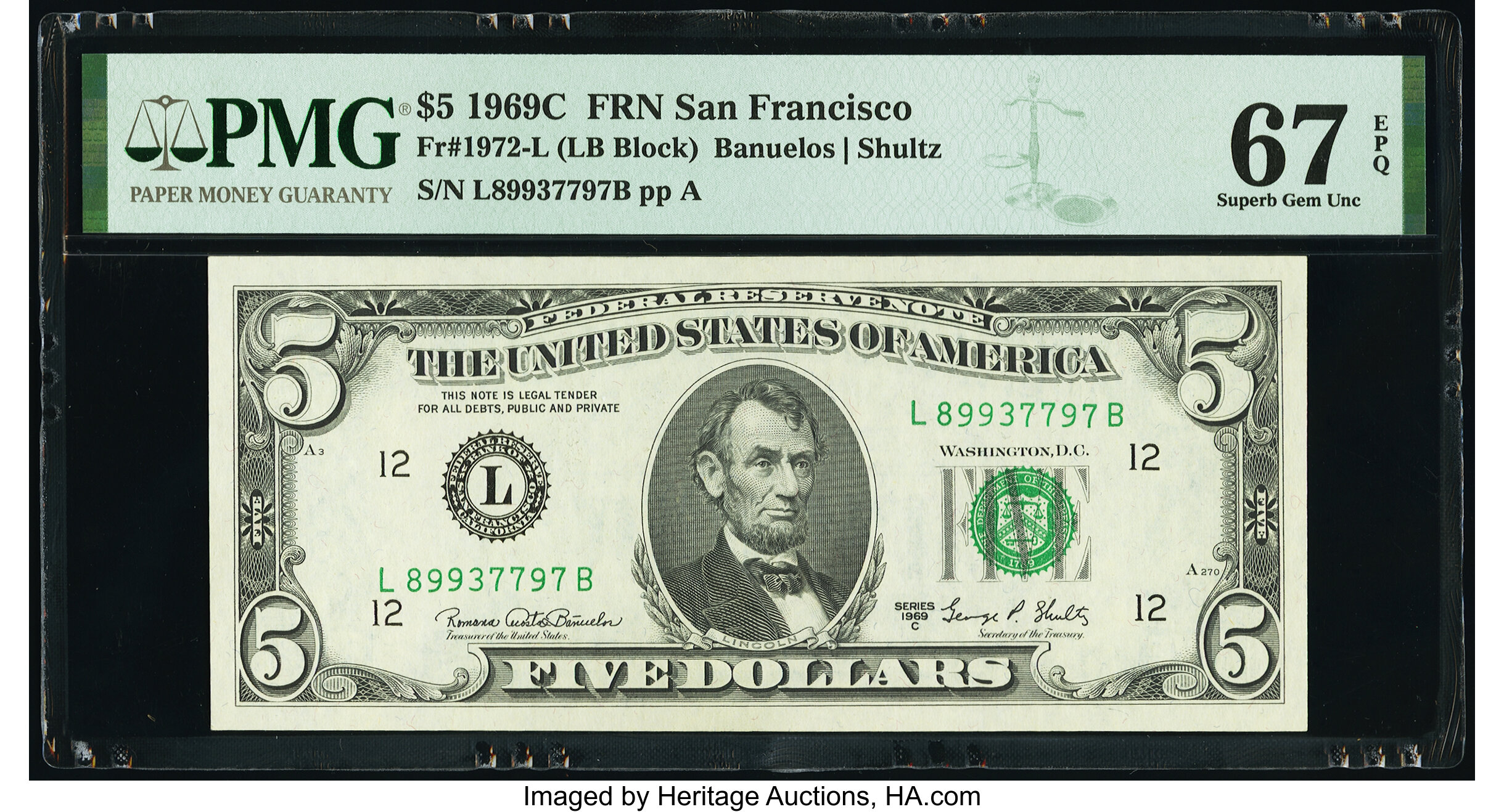 image for: Fr. 1972-L $5 1969C Federal Reserve Note. PMG Superb Gem Unc 67 EPQ....