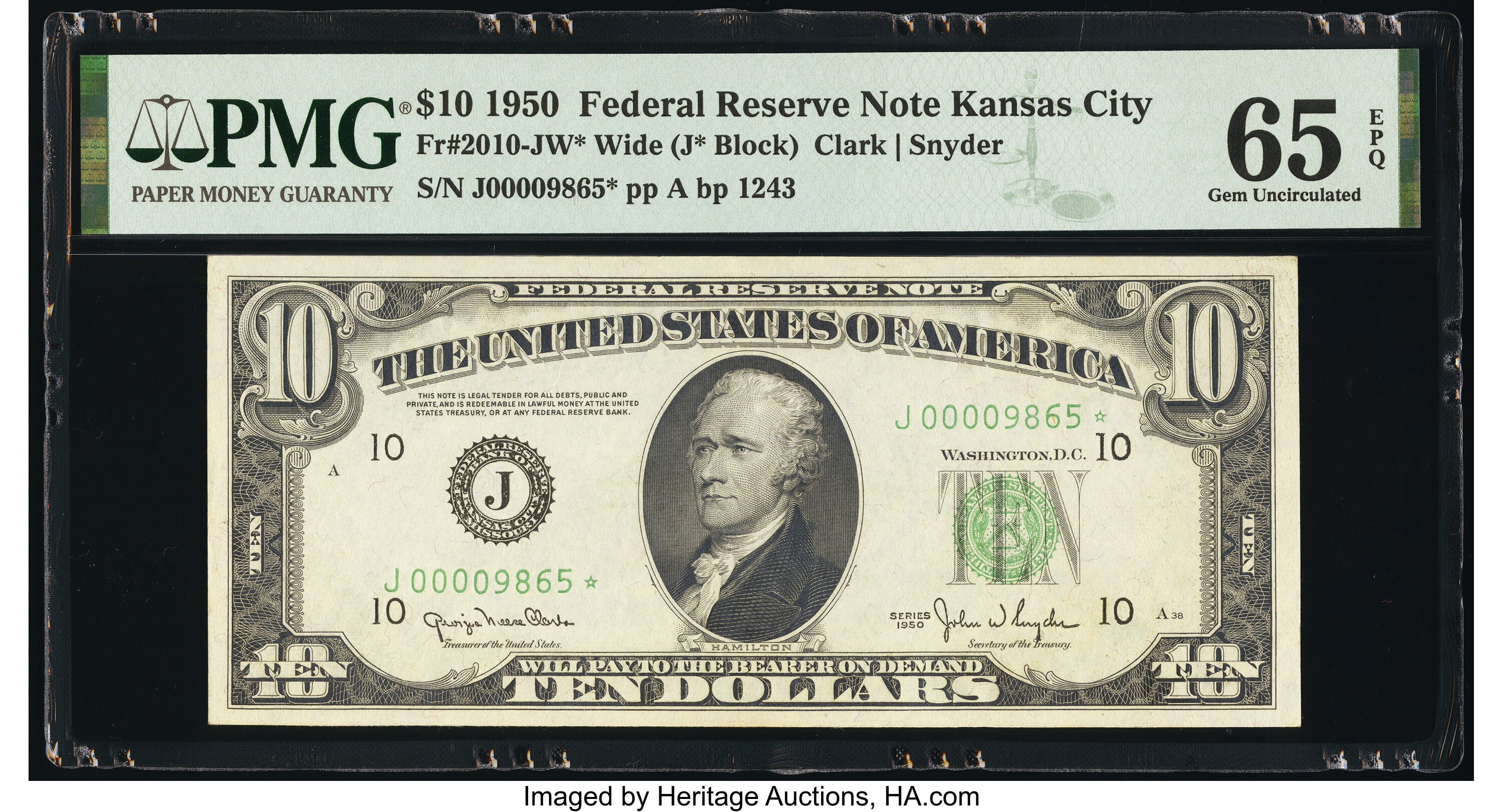 image for: Low Serial Number 9865 Fr. 2010-J* $10 1950 Wide Federal Reserve Star Note. PMG Gem Uncirculated 65 EPQ....