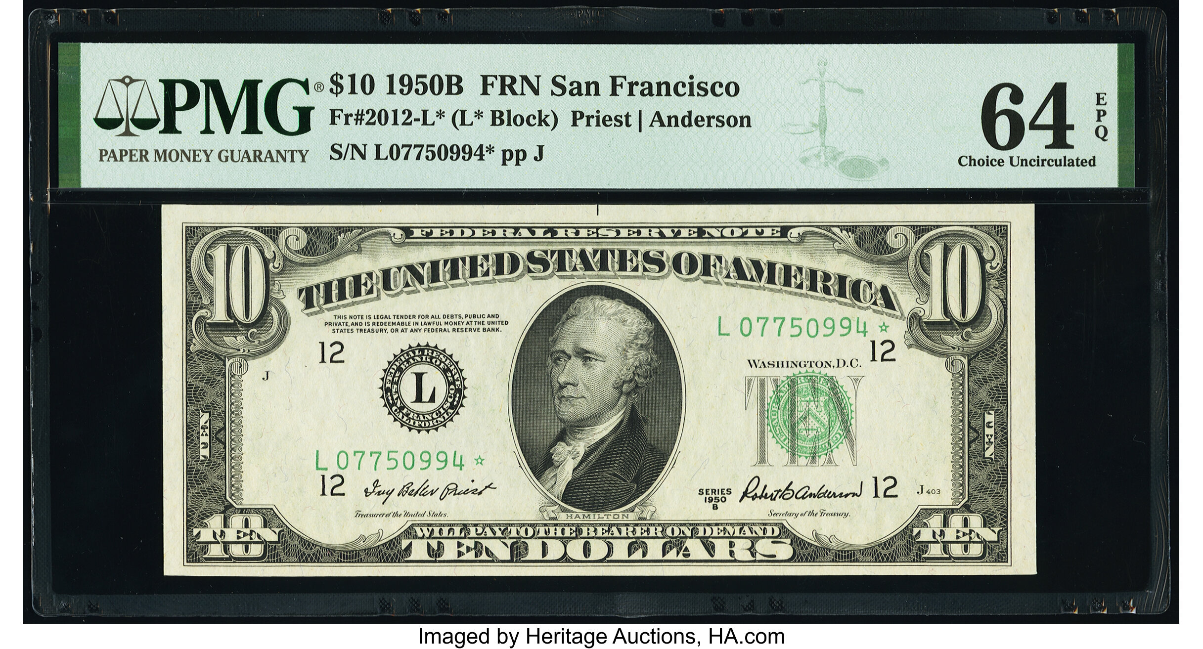 image for: Fr. 2012-L* $10 1950B Federal Reserve Star Note. PMG Choice Uncirculated 64 EPQ....