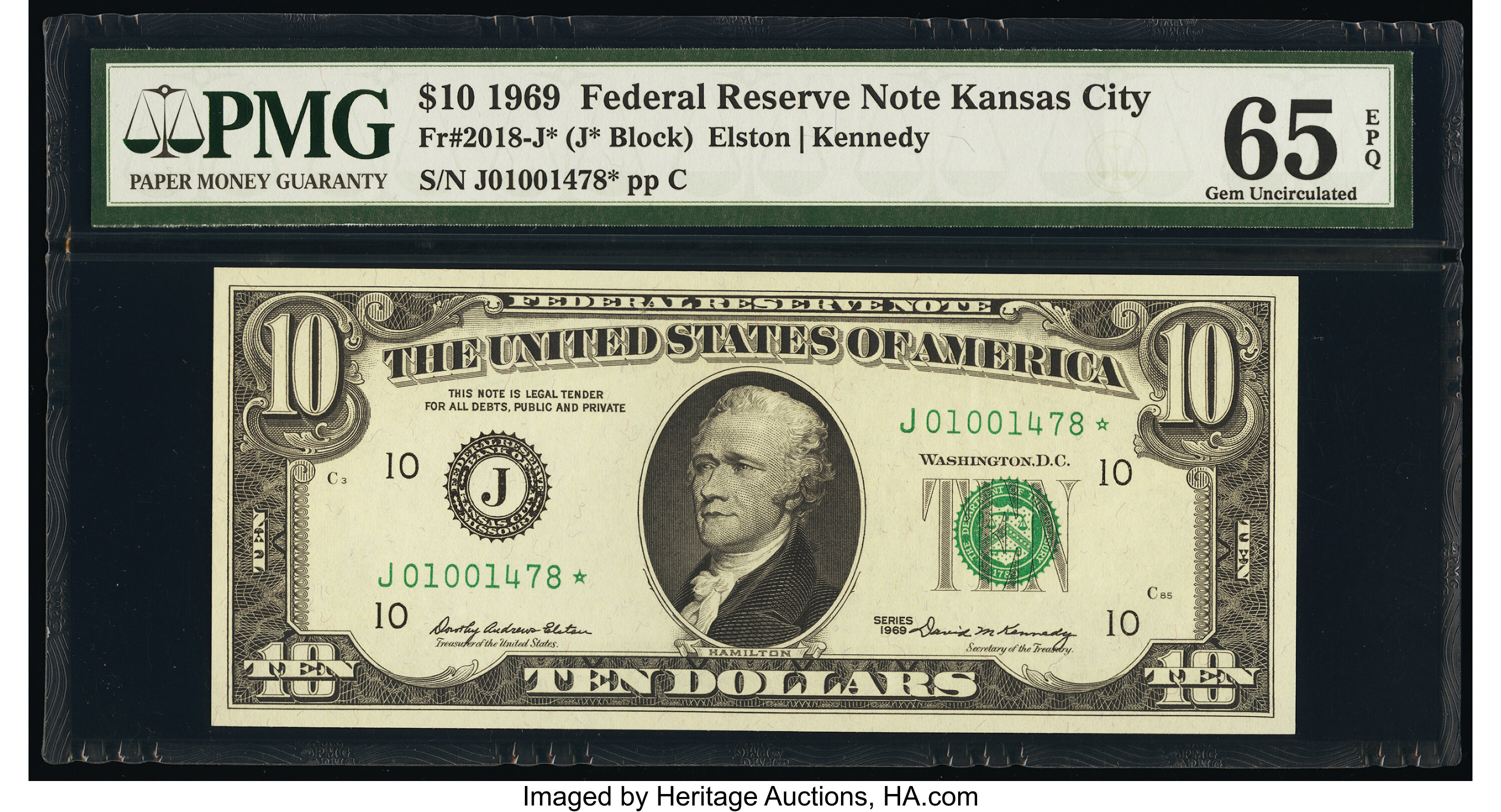image for: Fr. 2018-J* $10 1969 Federal Reserve Star Note. PMG Gem Uncirculated 65 EPQ....