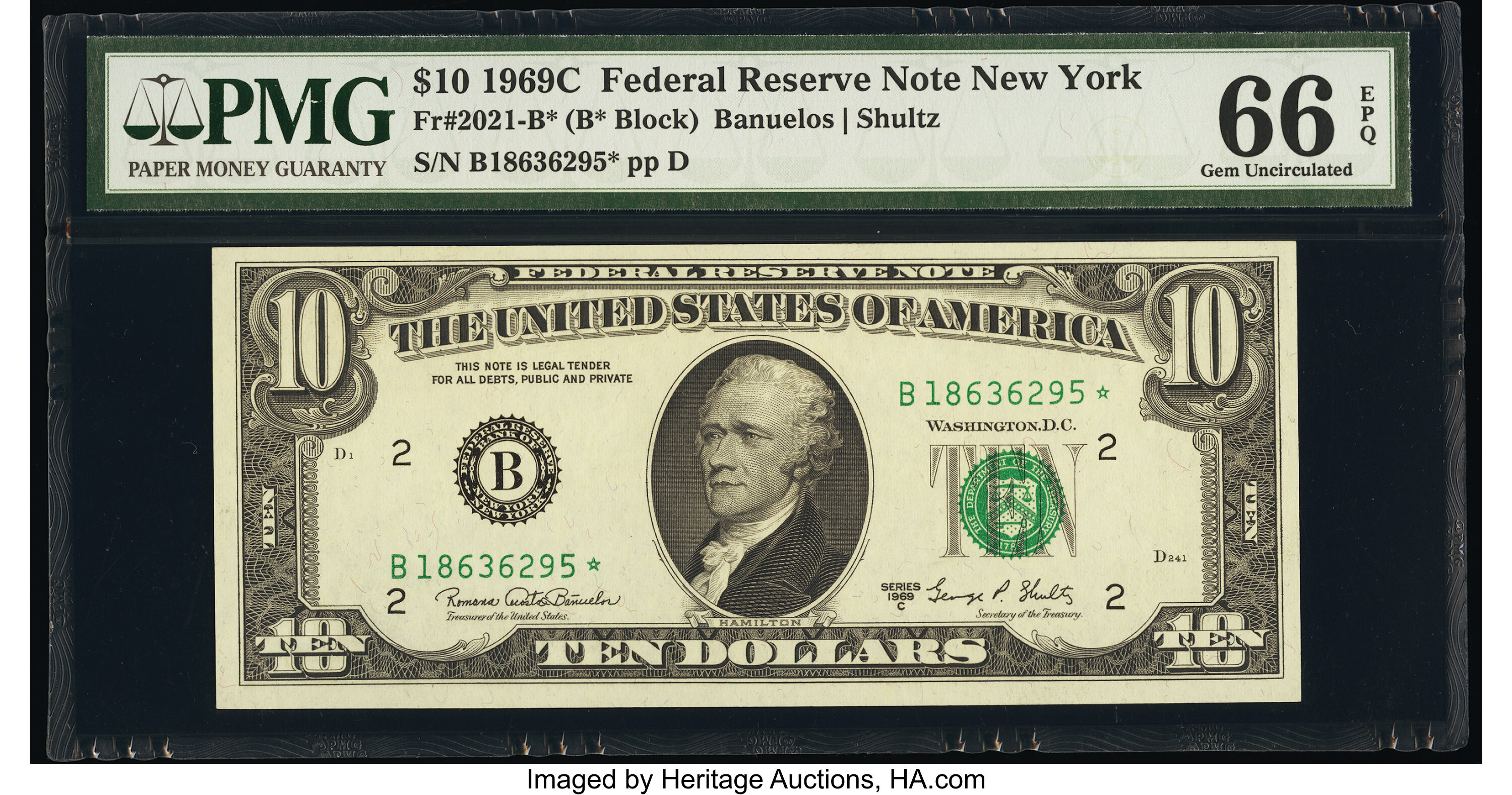 image for: Fr. 2021-B* $10 1969C Federal Reserve Star Note. PMG Gem Uncirculated 66 EPQ....