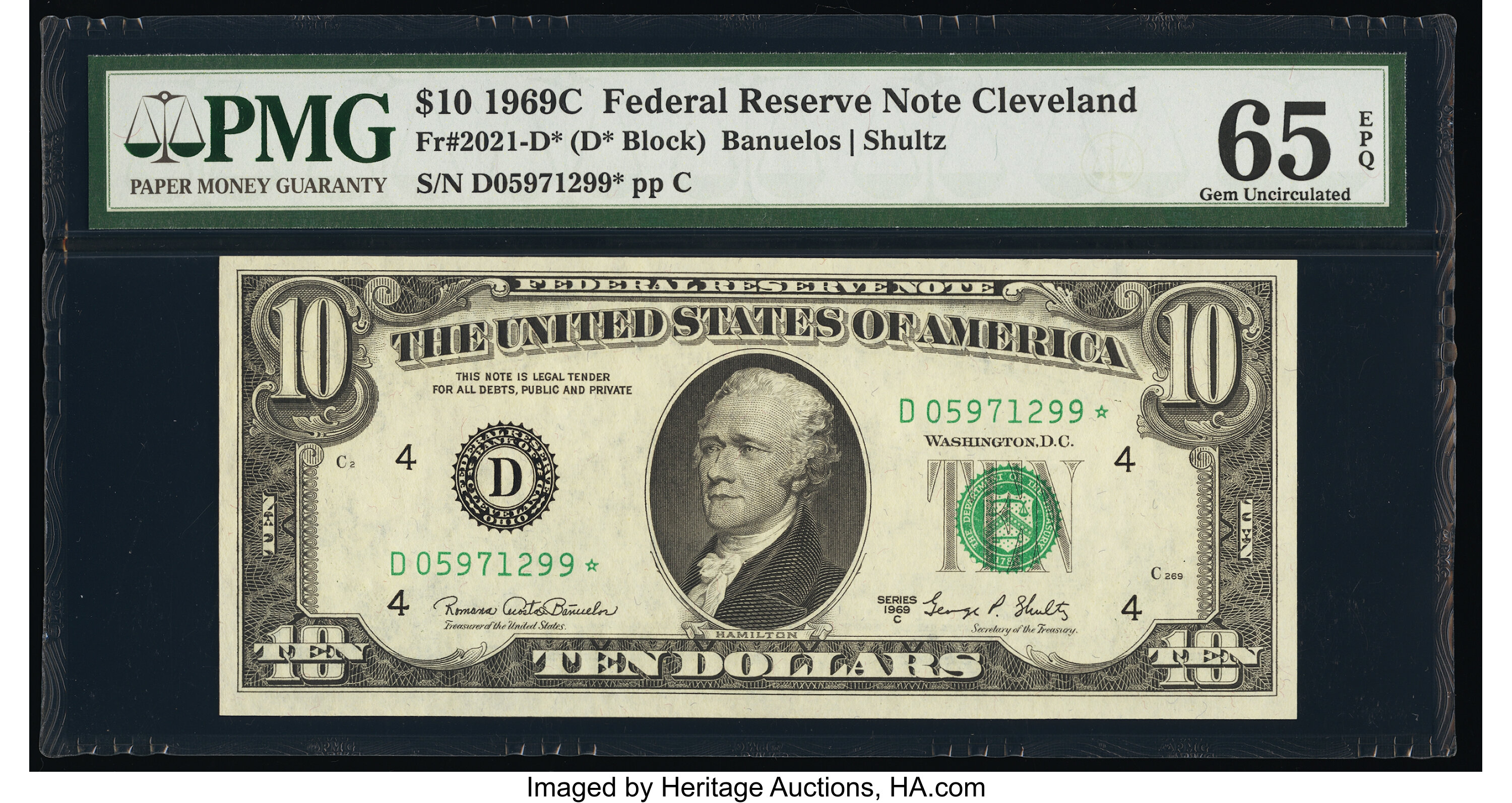 image for: Fr. 2021-D* $10 1969C Federal Reserve Star Note. PMG Gem Uncirculated 65 EPQ....