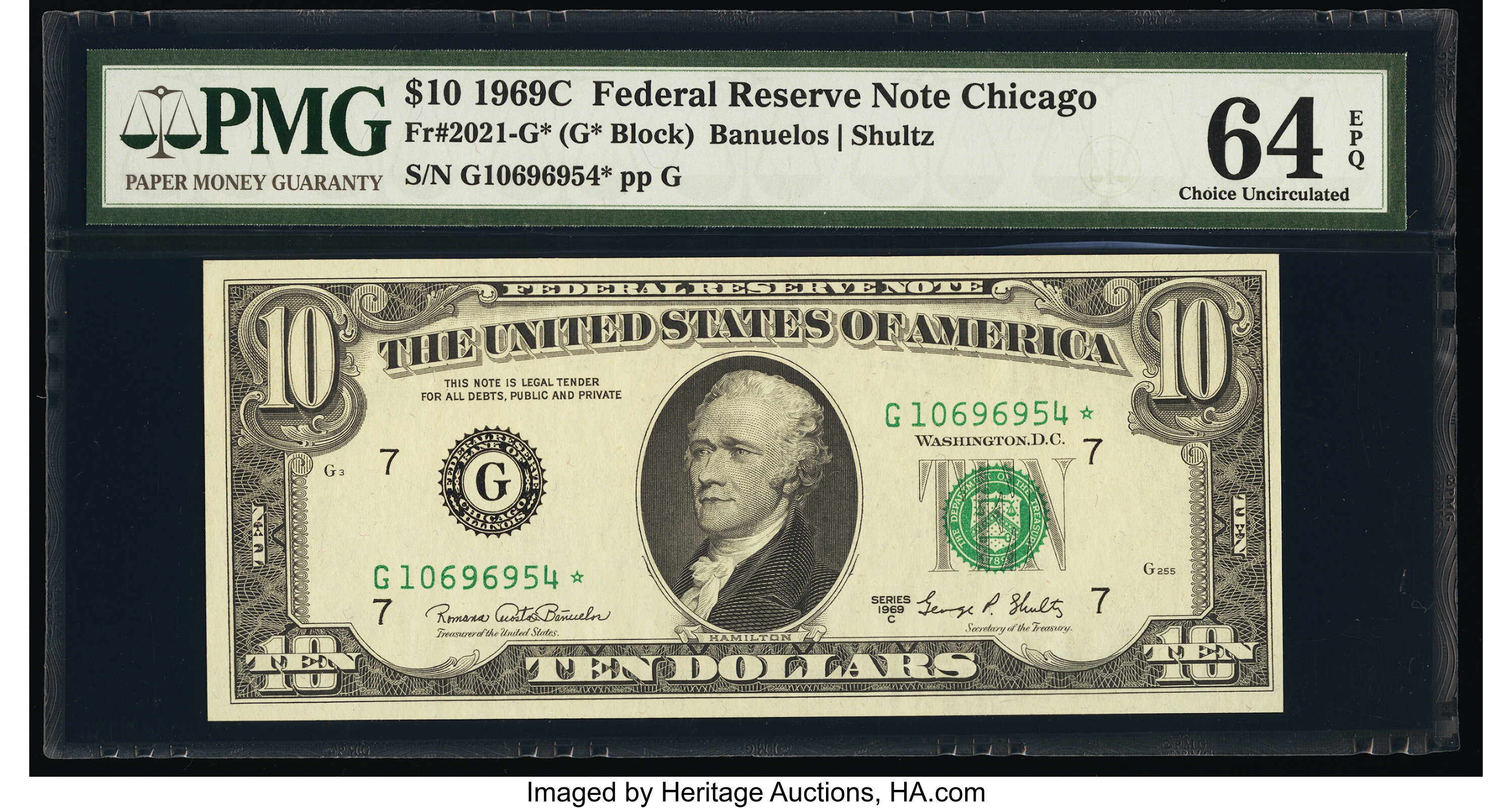 image for: Fr. 2021-G* $10 1969C Federal Reserve Star Note. PMG Choice Uncirculated 64 EPQ....