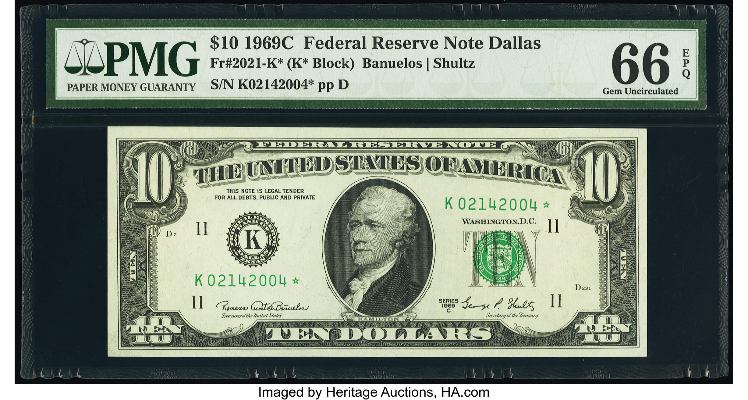 image for: Fr. 2021-K* $10 1969C Federal Reserve Star Note. PMG Gem Uncirculated 66 EPQ....