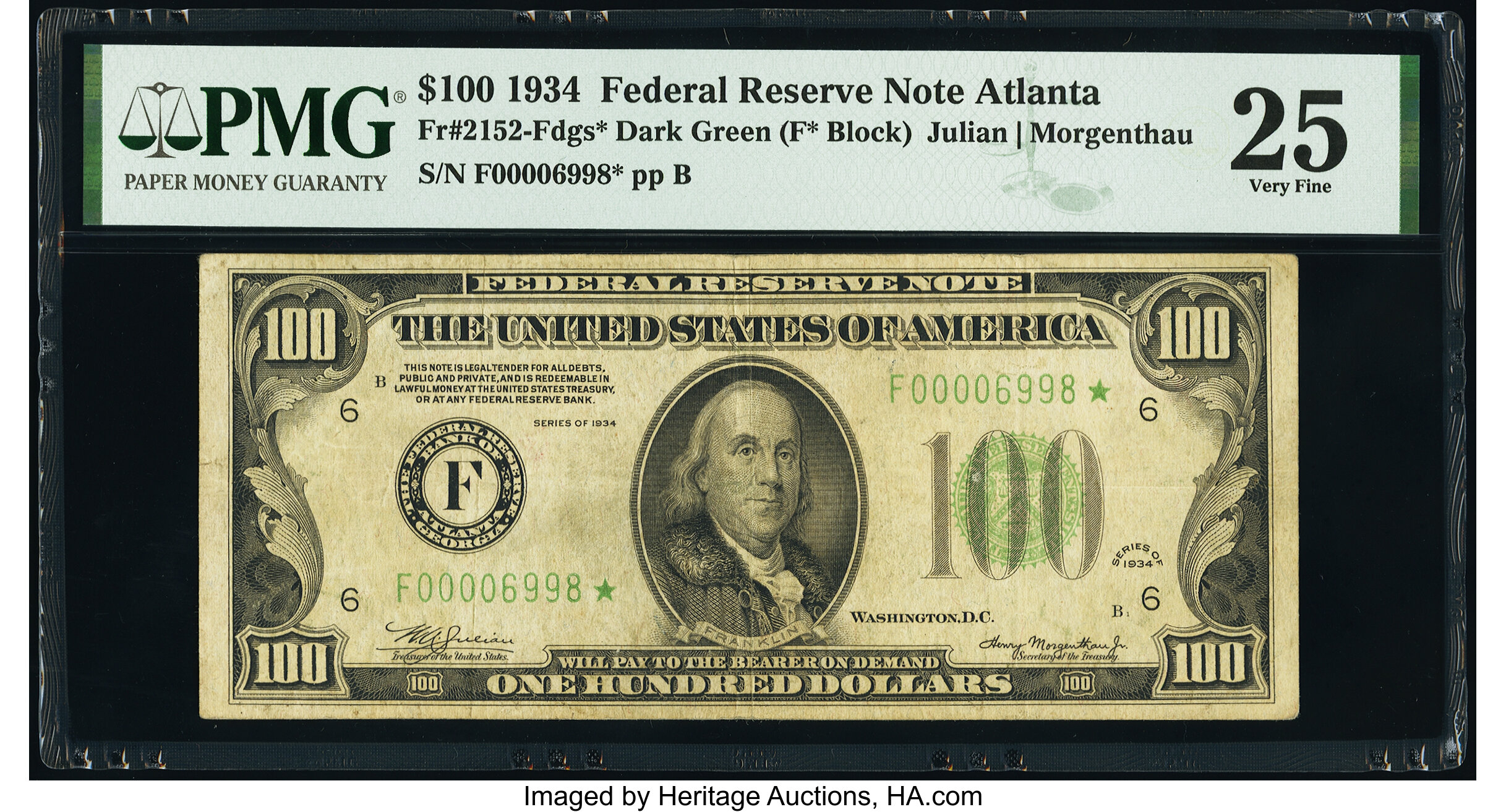 image for: Fr. 2152-F* $100 1934 Dark Green Seal Federal Reserve Star Note. PMG Very Fine 25....