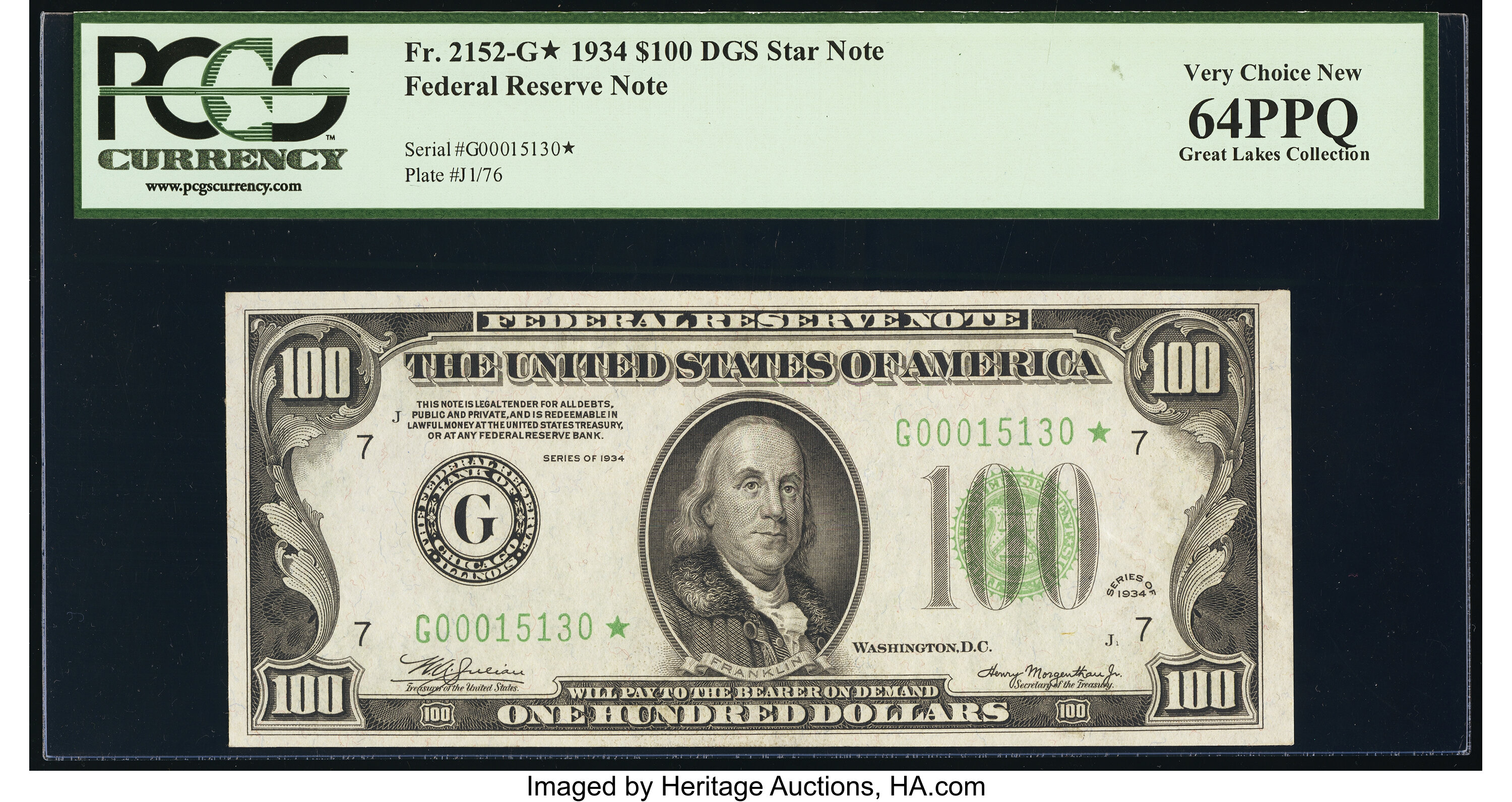 image for: Fr. 2152-G* $100 1934 Dark Green Seal Federal Reserve Star Note. PCGS Very Choice New 64PPQ....