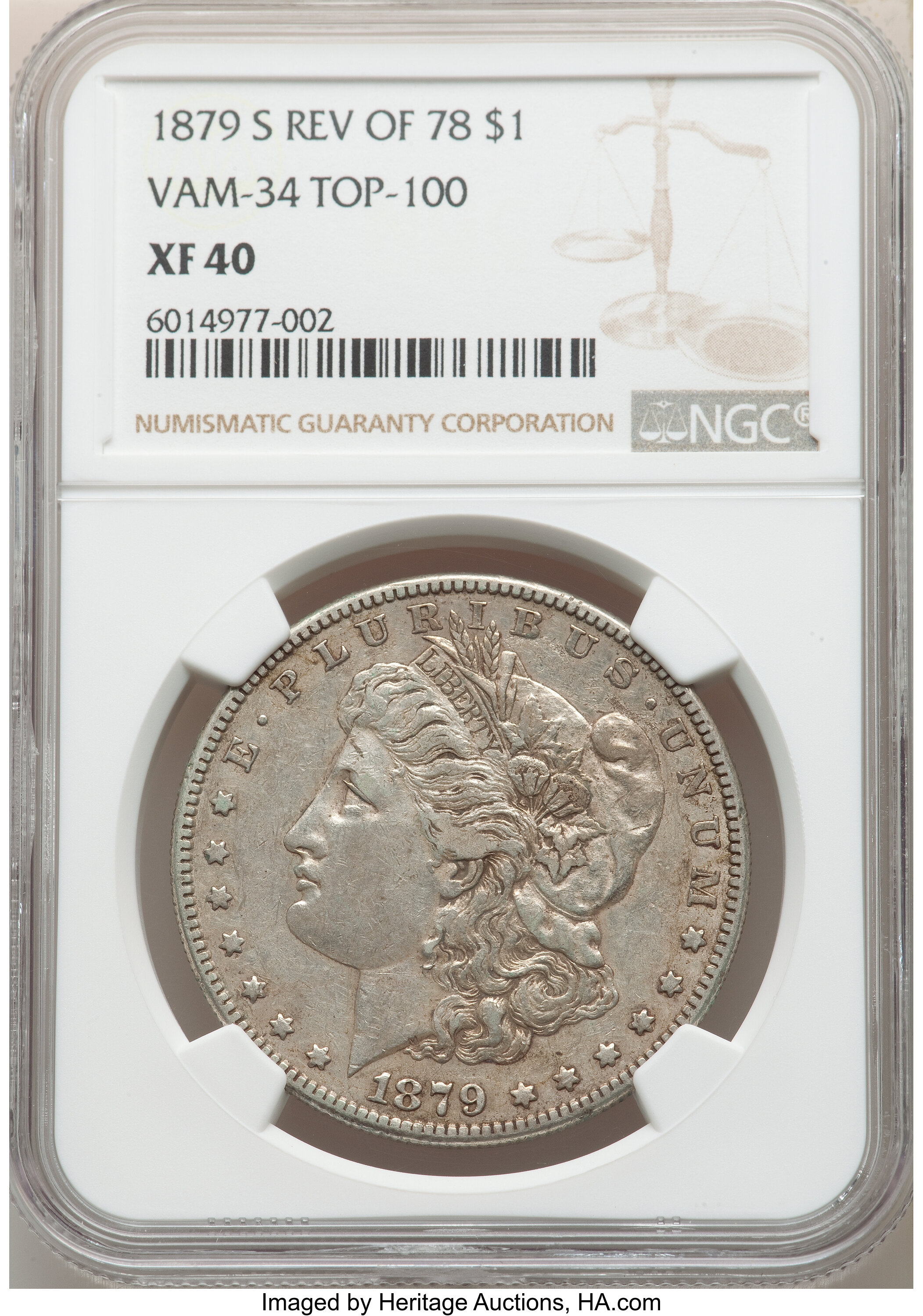 image for: 1879-S $1 Reverse of 1878, VAM-34, XF40 NGC. A Top 100 Variety. NGC Census: (0/0). PCGS Population: (12/15). CDN: $121 Whsl...