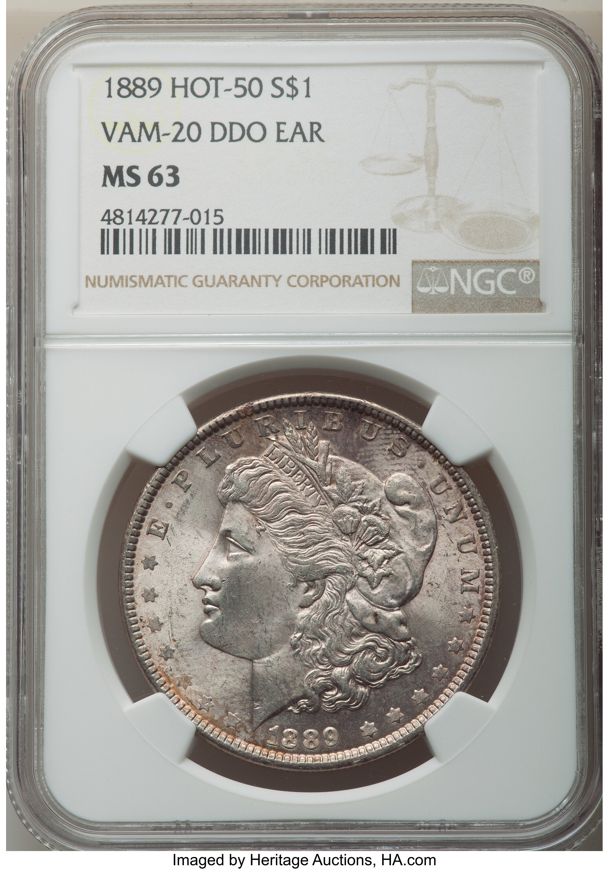 image for: 1889 $1 Doubled Ear, VAM-20, Hot 50, MS63 NGC. NGC Census: (15/11). PCGS Population: (7/7). MS63. ...