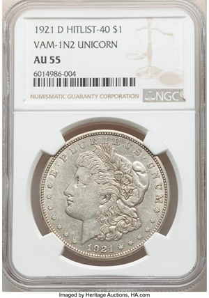 image for: 1921-D $1 Unicorn, VAM-1N, AU55 NGC. A Hitlist 40 Variety. NGC Census: (0/0). PCGS Population: (9/60). CDN: $50 Whsle. Bid ...