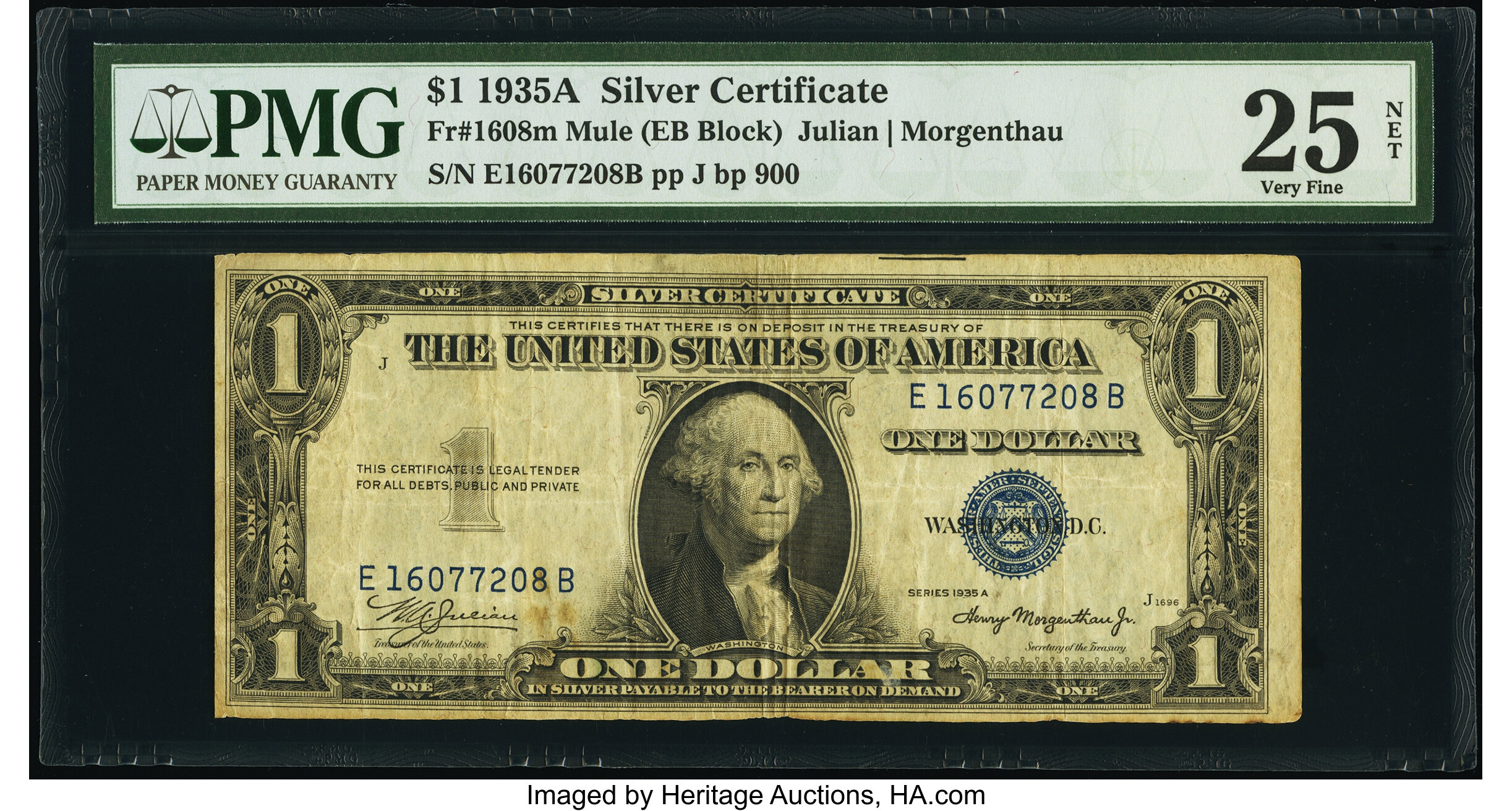 Fr. 1608 $1 1935A Mule Silver Certificate. E-B Block. PMG Very Fine 25 Net. ...