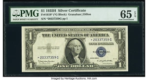image for: Fr. 1618* $1 1935H Silver Certificate Star. PMG Gem Uncirculated 65 EPQ....
