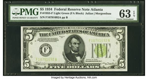 image for: Fr. 1955-F $5 1934 Light Green Seal Federal Reserve Note. PMG Choice Uncirculated 63 EPQ....