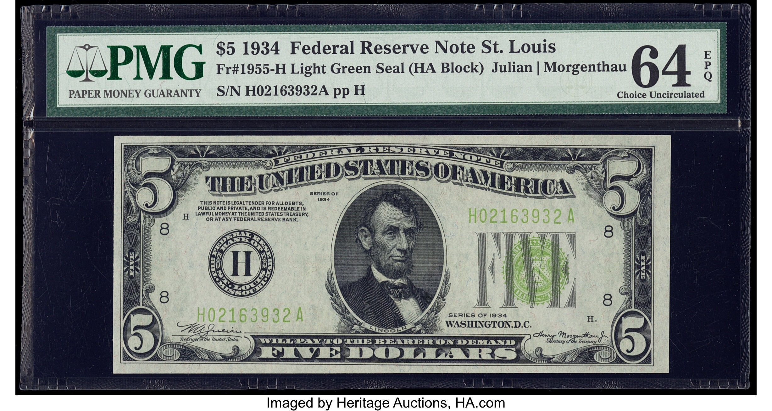 image for: Fr. 1955-H $5 1934 Light Green Seal Federal Reserve Note. PMG Choice Uncirculated 64 EPQ....