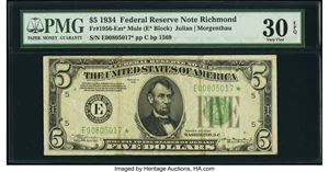 image for: Fr. 1956-E* $5 1934 Dark Green Seal Mule Federal Reserve Star Note. PMG Very Fine 30 EPQ....