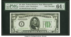 image for: Fr. 1956-I $5 1934 Dark Green Seal Federal Reserve Note. PMG Choice Uncirculated 64 EPQ....