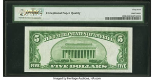 image for: Fr. 1956-I $5 1934 Dark Green Seal Federal Reserve Note. PMG Choice Uncirculated 64 EPQ....