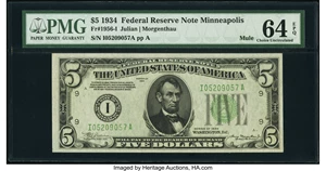 image for: Fr. 1956-I $5 1934 Dark Green Seal Mule Federal Reserve Note. PMG Choice Uncirculated 64 EPQ....
