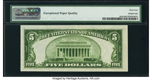 image for: Fr. 1956-I $5 1934 Dark Green Seal Mule Federal Reserve Note. PMG Choice Uncirculated 64 EPQ....