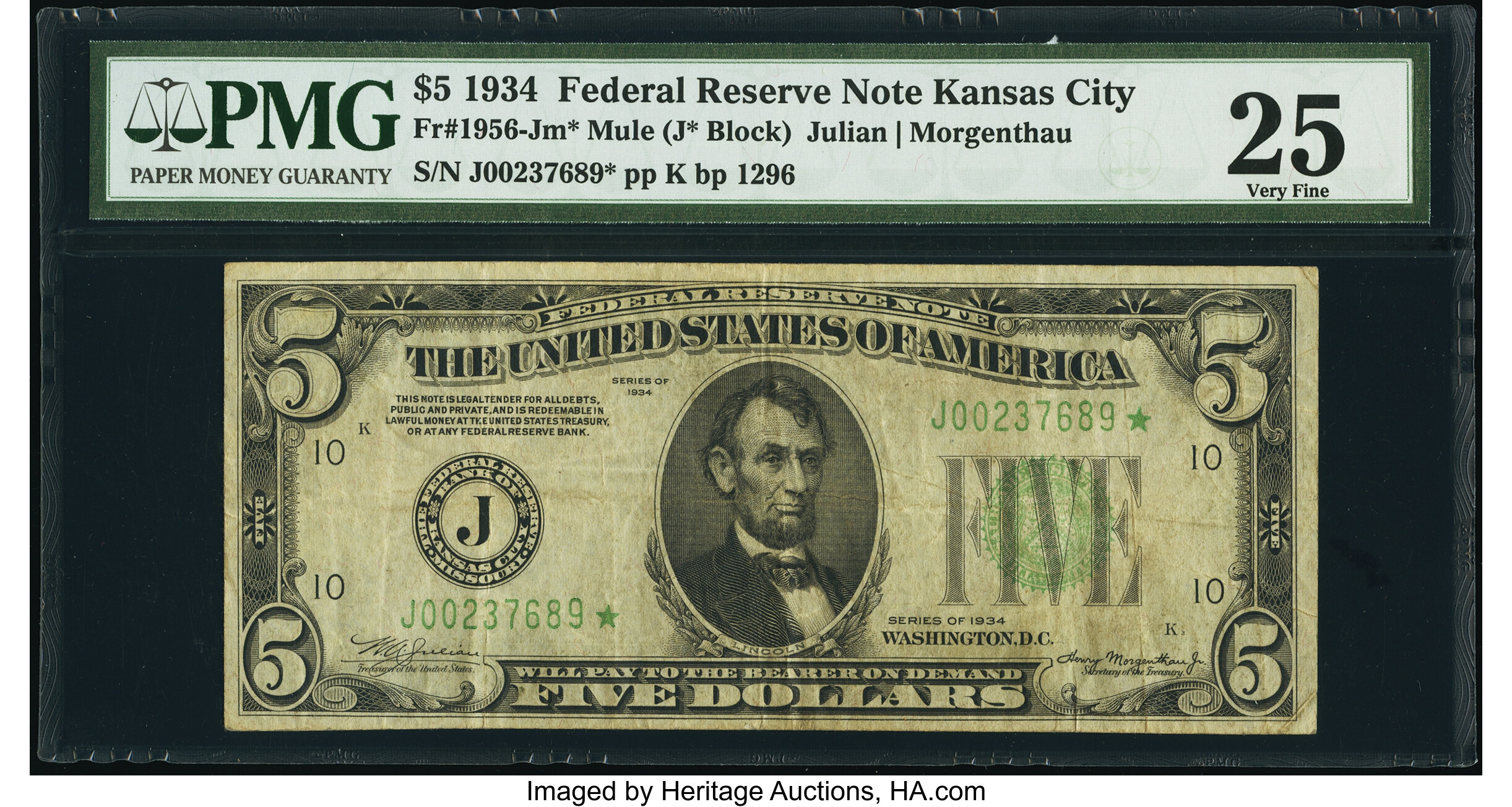 image for: Fr. 1956-J* $5 1934 Dark Green Seal Mule Federal Reserve Star Note. PMG Very Fine 25....