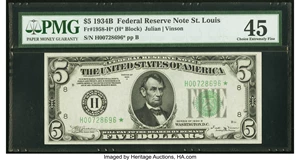 image for: Fr. 1958-H* $5 1934B Federal Reserve Star Note. PMG Choice Extremely Fine 45....