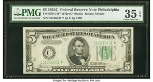 image for: Fr. 1959-C* $5 1934C Wide Federal Reserve Star Note. PMG Choice Very Fine 35 EPQ....