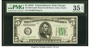 image for: Fr. 1959-G $5 1934C Mule Federal Reserve Note. Back Plate 637. PMG Choice Very Fine 35 EPQ....