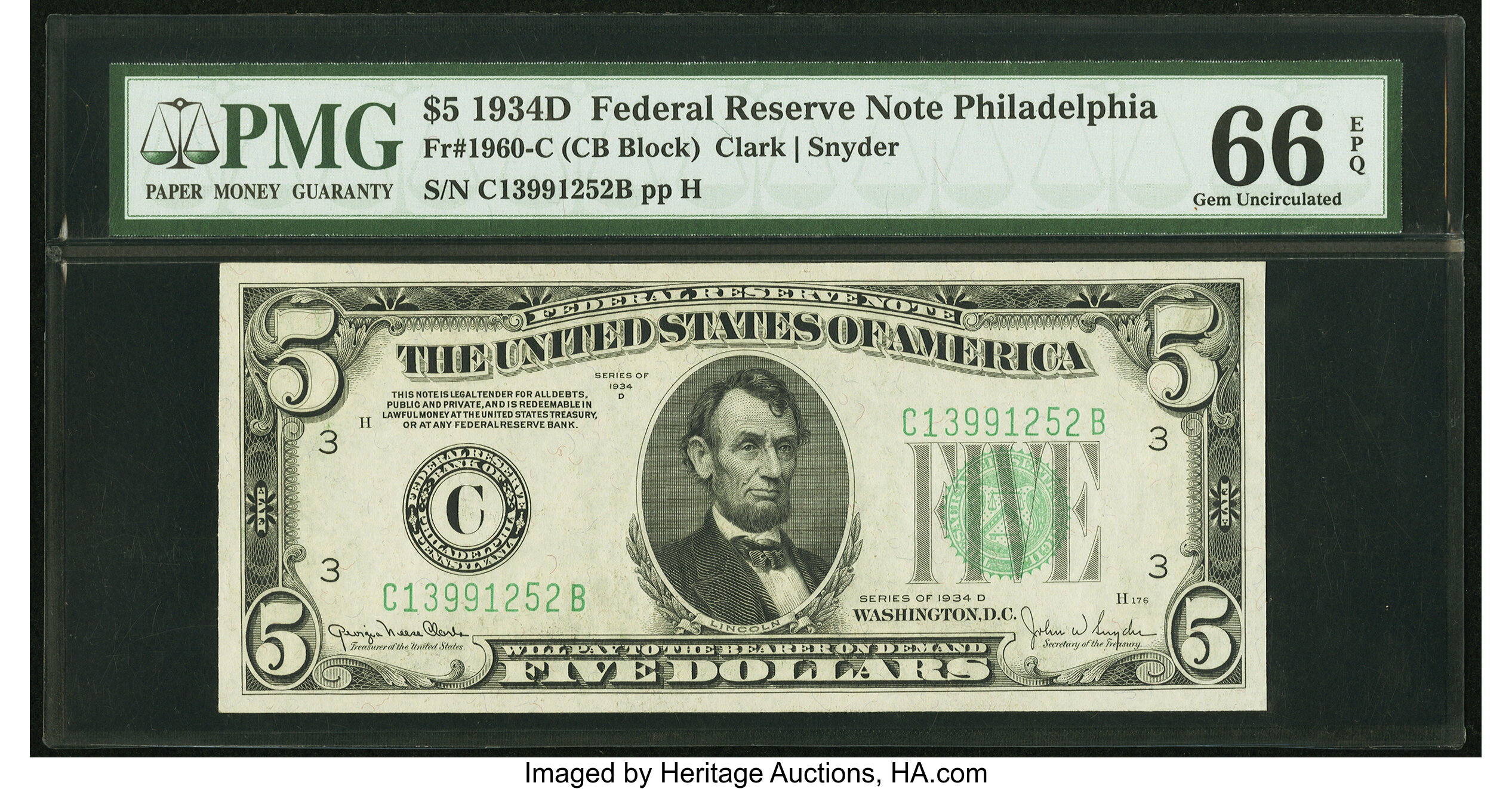 image for: Fr. 1960-C $5 1934D Federal Reserve Note. PMG Gem Uncirculated 66 EPQ....