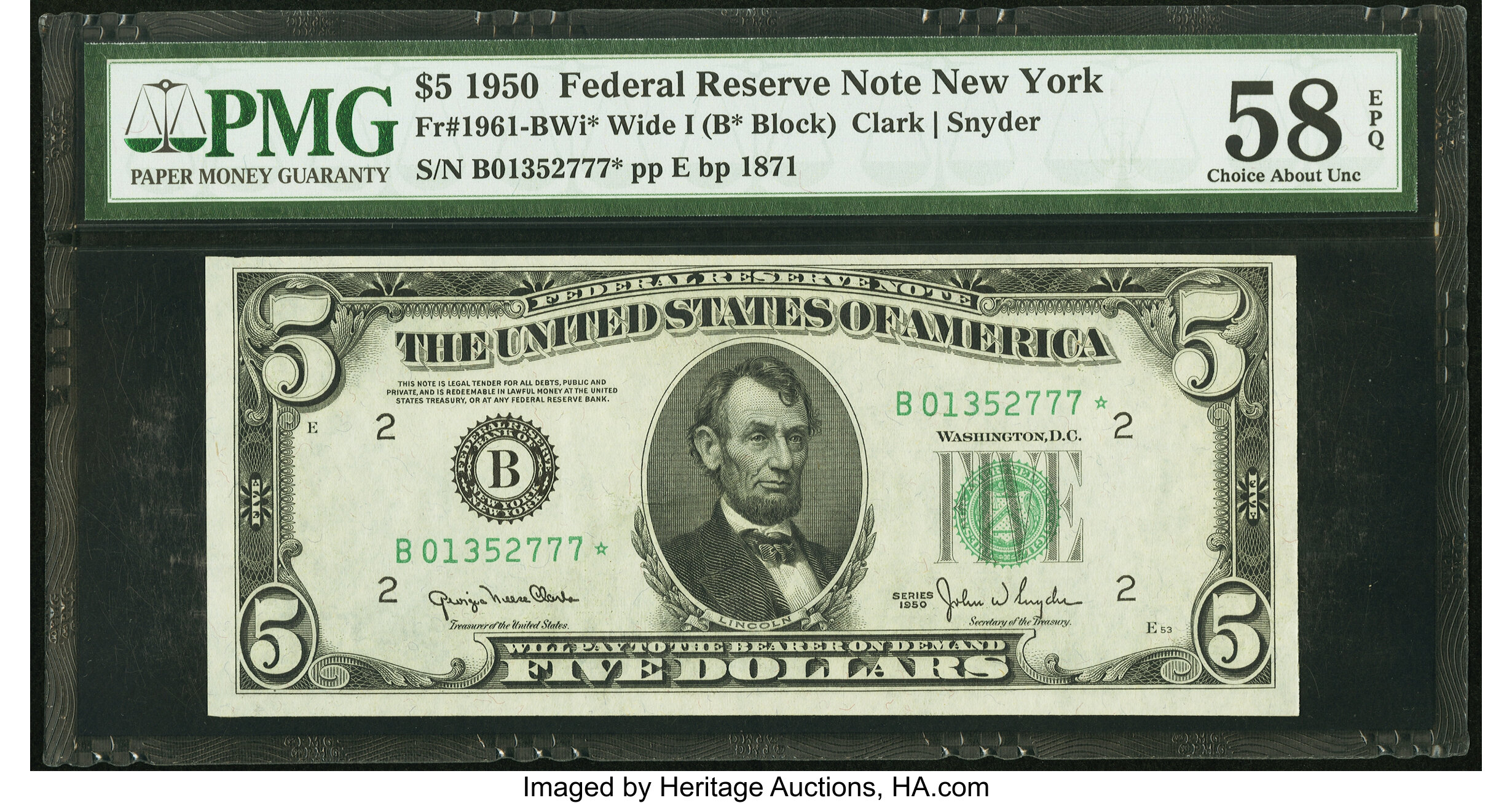 image for: Fr. 1961-B* $5 1950 Wide I Federal Reserve Star Note. PMG Choice About Unc 58 EPQ....