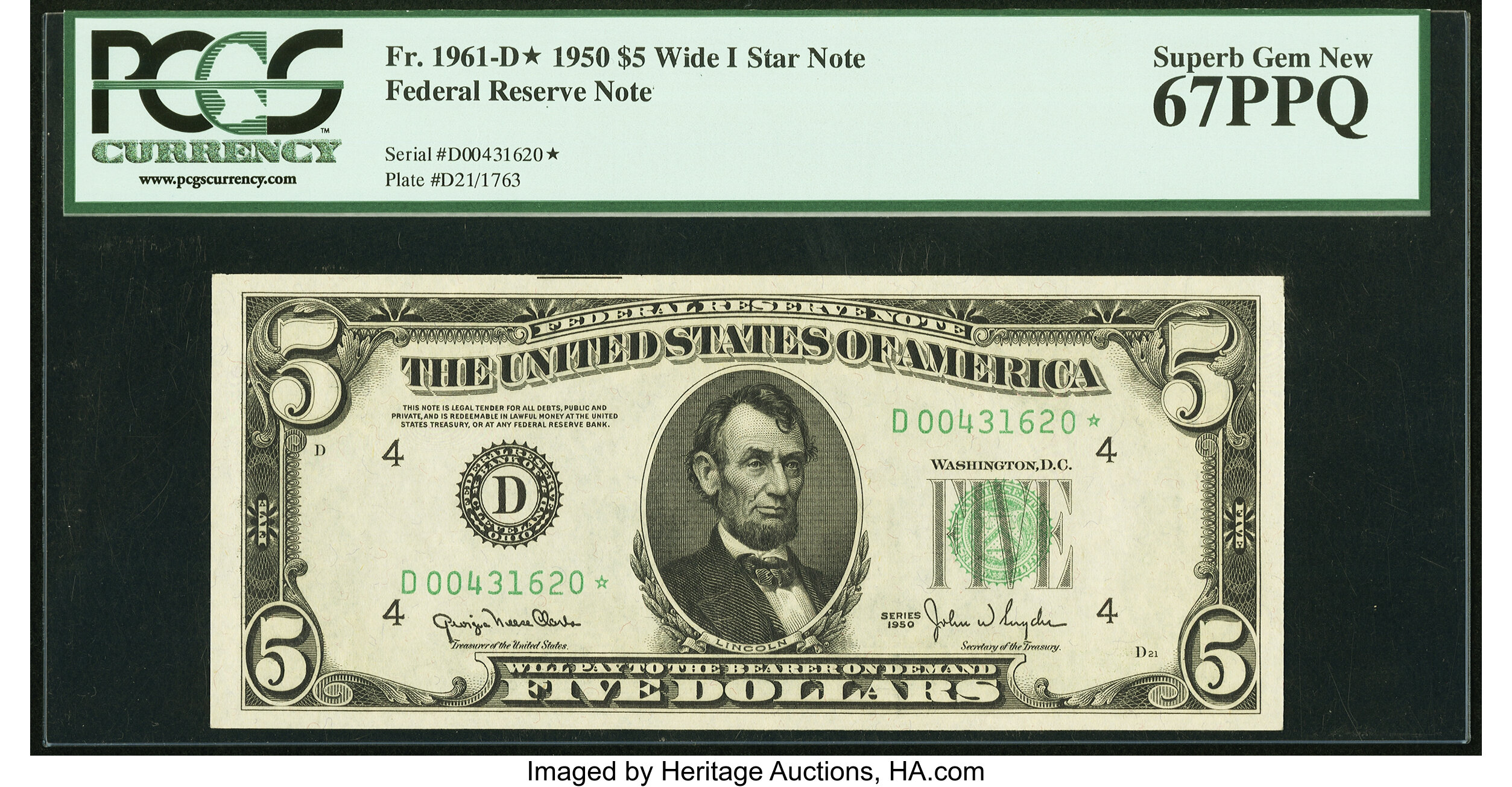 image for: Fr. 1961-D* $5 1950 Wide I Federal Reserve Star Note. PCGS Superb Gem New 67PPQ....