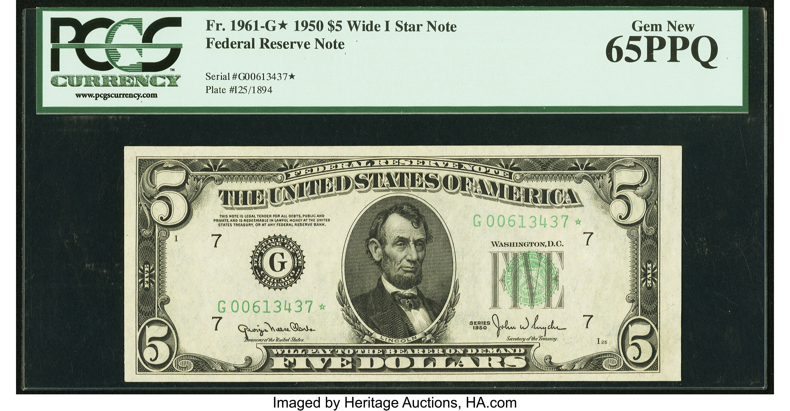 image for: Fr. 1961-G* $5 1950 Wide I Federal Reserve Star Note. PCGS Gem New 65PPQ....